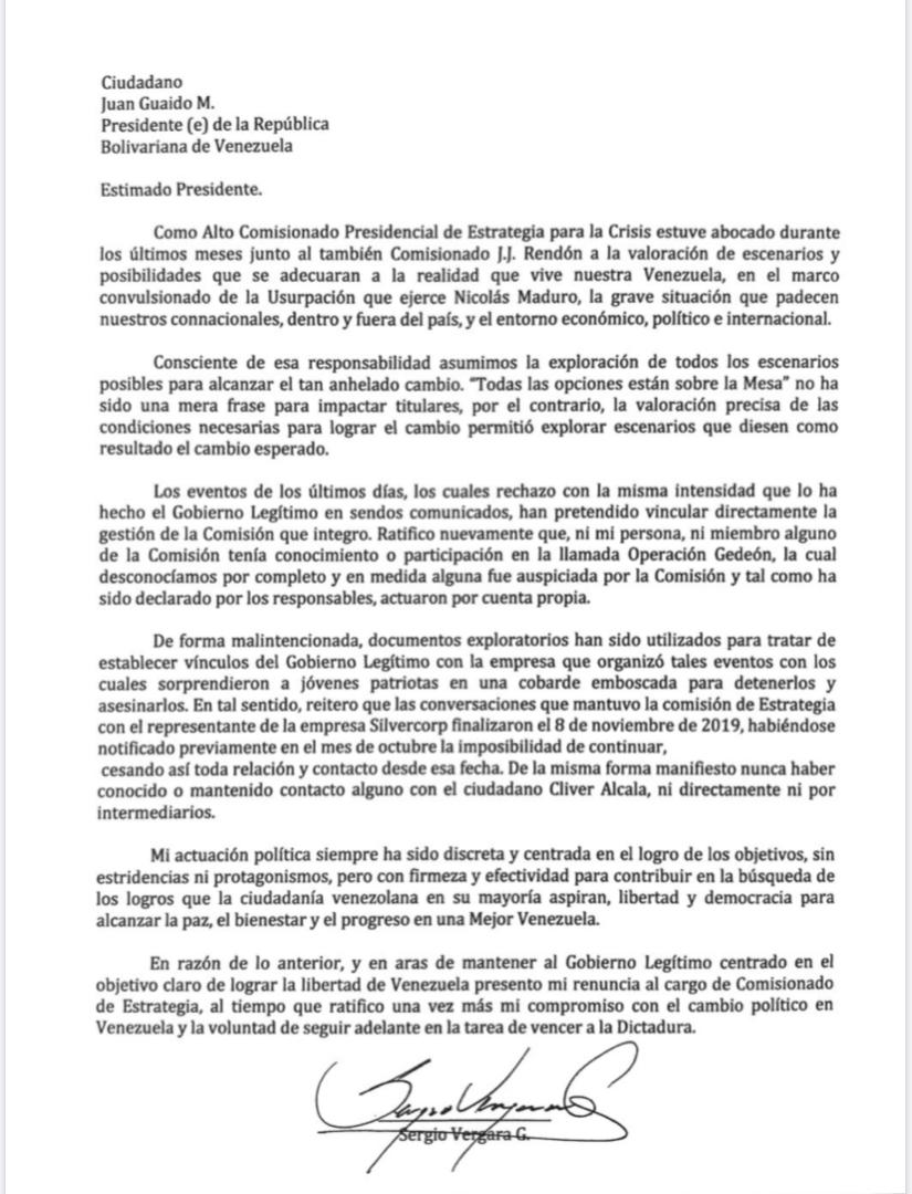 Carta de renuncia de Sergio Vergara