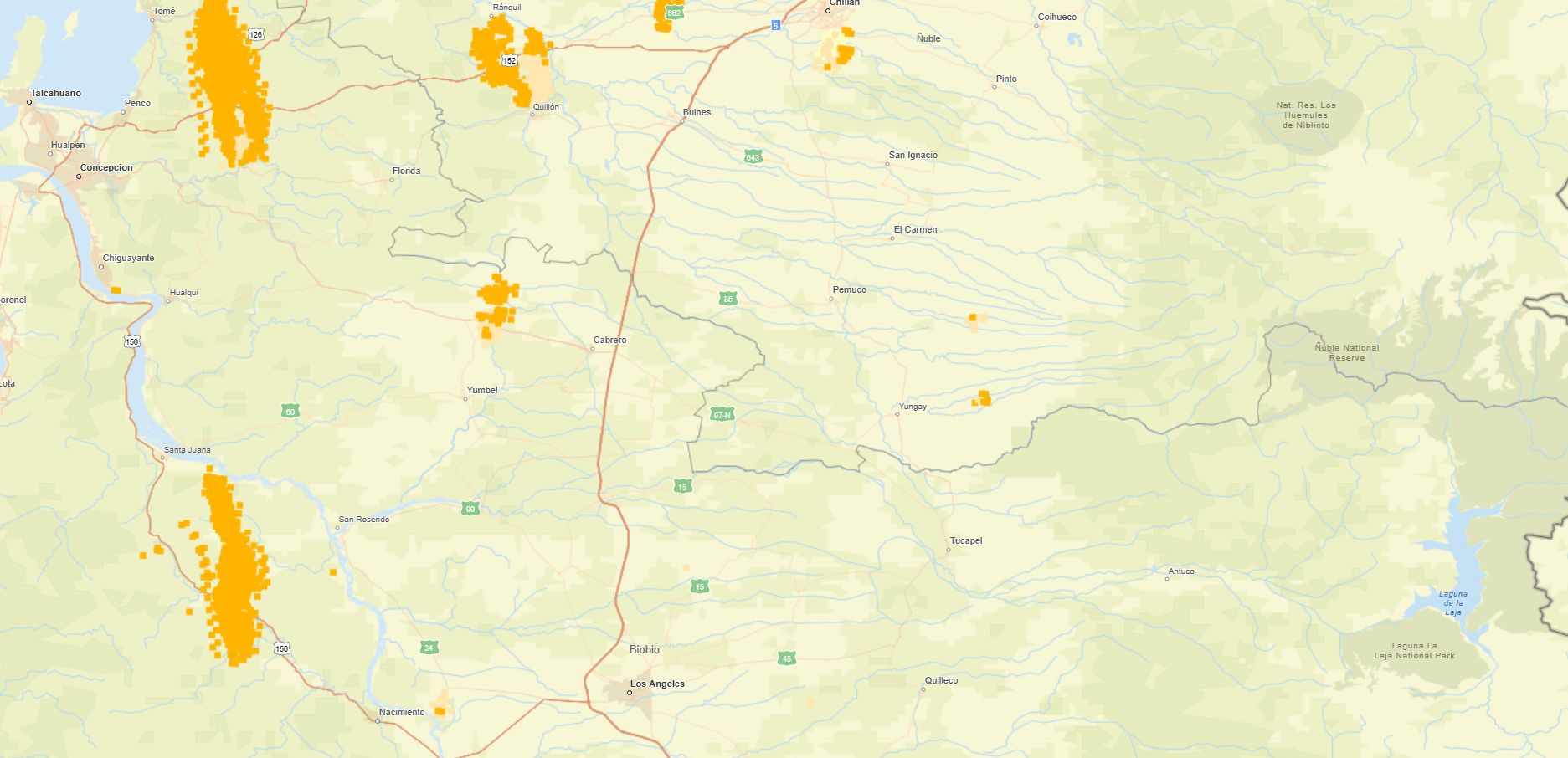 Imagen satelital desde Ñuble (arriba) a Bio bío (abajo)